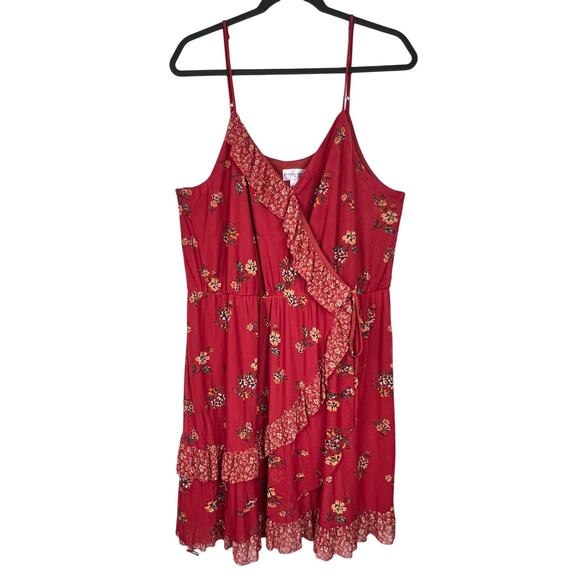 Xhilaration Rust Floral Faux Wrap Dress Mesh Spaghetti strap Ruffle Boho XL - Picture 1 of 9